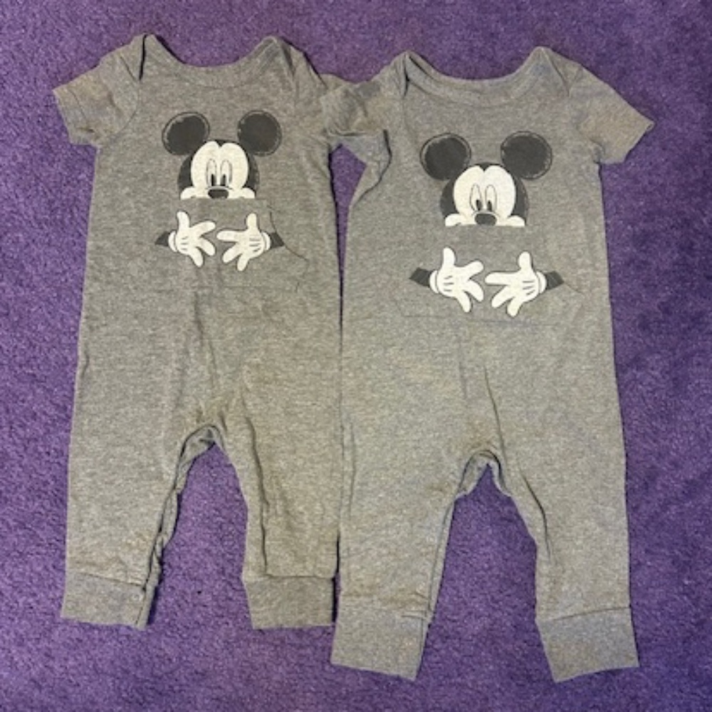 Mickey Mouse footless one piece with front pocket-x2- 6/9 months and 12 months
